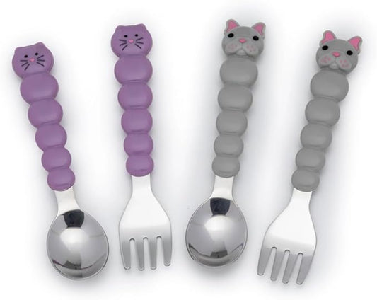 melii Toddler and Kid Feeding Spoon & Fork Set, Stainless Steel, BPA Free, Dishwasher safe (Cat & Bulldog 4pc)