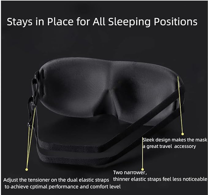 ALASKA BEAR Sleep Mask 2 Straps, Deep Concave Molded Foam Mask with Convex Eye Cups and Light Blocking Nose Contour, Two Adjustable Elastic Bands Stay on Head w/o Slipping, Black