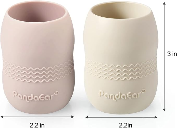 PandaEar Silicone Baby Feeding Set, 2 Pack - Divided Suction Plate, 2 Tiny Cup with Spoons, BPA Free, Light Tan/Pink