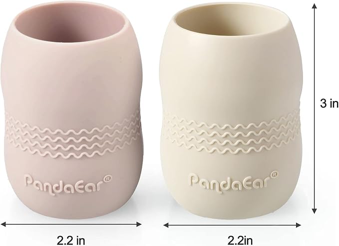 PandaEar Silicone Baby Feeding Set, 2 Pack - Divided Suction Plate, 2 Tiny Cup with Spoons, BPA Free, Light Tan/Pink