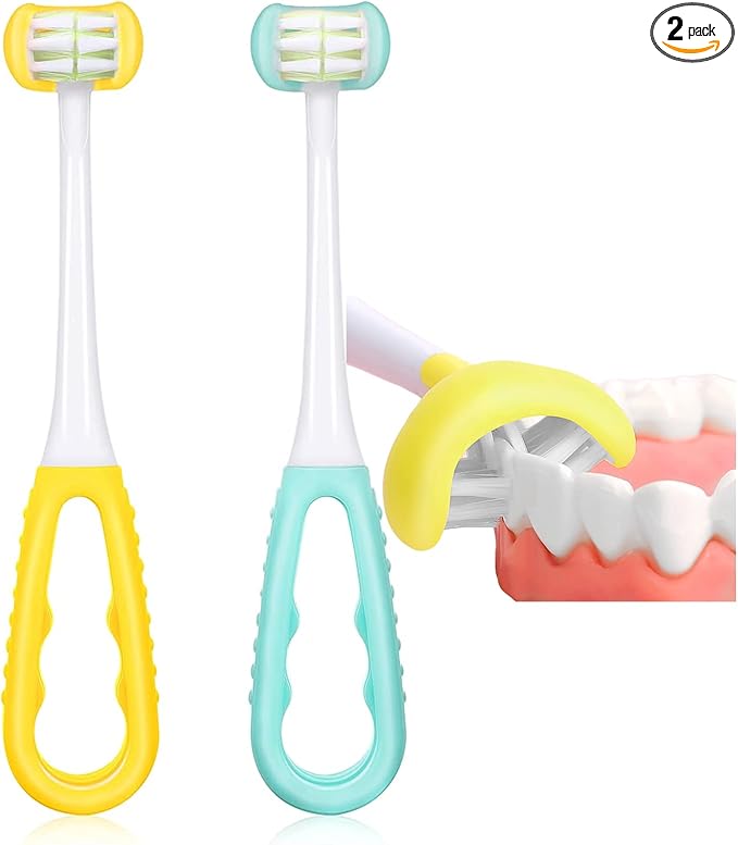 2 Pieces 3 Sided Toddler Toothbrush, Three Bristles for Kids Toothbrush, Autism Soft Bristles Toothbrush,Soft and Gentle for Complete Tooth and Gum Care (C2（Blue+Yellow） Kids)
