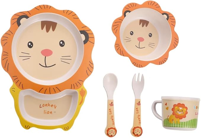 Kids Dinnerware Set Bamboo 5 Pcs with Plate Bowl Cup Fork Spoon (Lion)