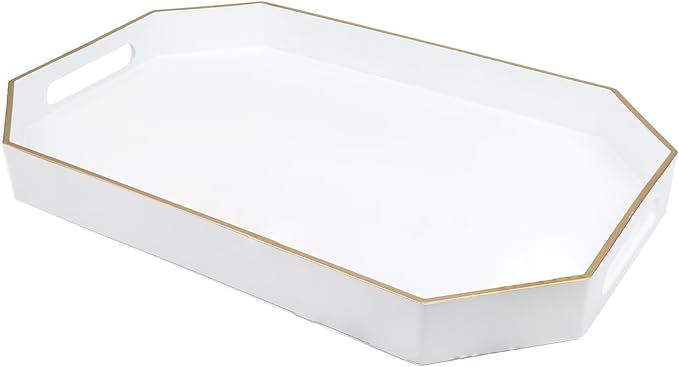 Omuriko White Decorative Tray with Handles, Octagon Versatile Serving Tray for Coffee Table, Ottoman, Ideal for Serving, Displaying, Organizing
