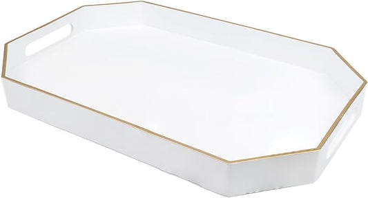 Omuriko White Decorative Tray with Handles, Octagon Versatile Serving Tray for Coffee Table, Ottoman, Ideal for Serving, Displaying, Organizing