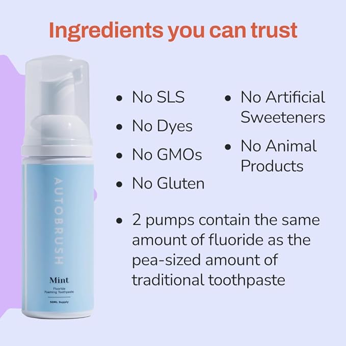 autobrush Original Mint Flavor Fluoride-Free Foaming Toothpaste for Adults, Whitening & Deep Cleaning, Travel Friendly, Anti-Cavity, Foam Toothpaste (2 Pack)