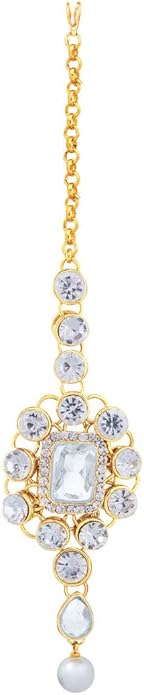 Aheli Kundan and Simulated Colored Stones Indian Ethnic Maang Tikka Necklace and Earrings Set Bollywood Festive Statement Jewelry Gift for Women