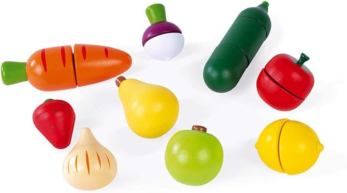 Janod Fruits & Vegetable Maxi Set - Wooden Sliceable Play Food - 13 Piece Set - Ages 3+ - J06607