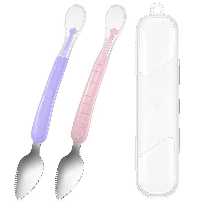 Lallisa 2 Pcs Double Head Baby Silicone Food Spoon Baby Fruit Scraping Mud Spoon Soft Feeding Food Scraper for Infants Fruit Feeding (Purple and Pink)