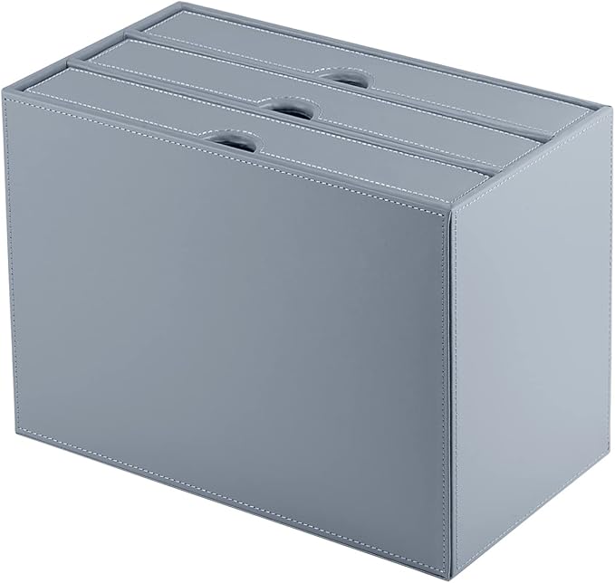 Leather Desk Organizer with 3 Drawers/Tray, Executive Office Supplies Desktop Filing A4 File Cabinet/Holder, Stackable Storage Box Grey (Gray)