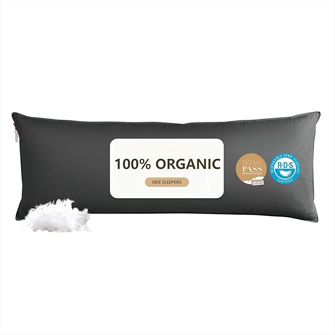 Goose Down Body Pillows for Adults, Large Body Pillow for Side Sleeper, Hugging Feather Body Pillow Insert, Cooling Full Length Long Pillow for Bed with 100% Organic Cotton Shell, (Black 20"x60")