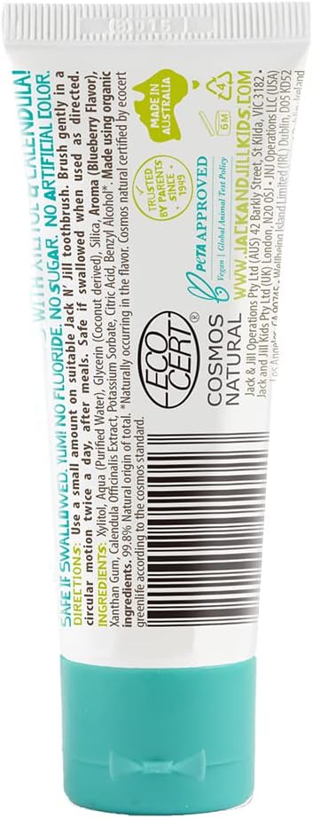 Jack N' Jill Natural Toddler Toothpaste for Baby, Kids and Infants 6 Months & Up, Fluoride Free Training Toothpaste for Toddlers 1-3 (1.76 Fl Oz (Pack of 6), Blueberry)