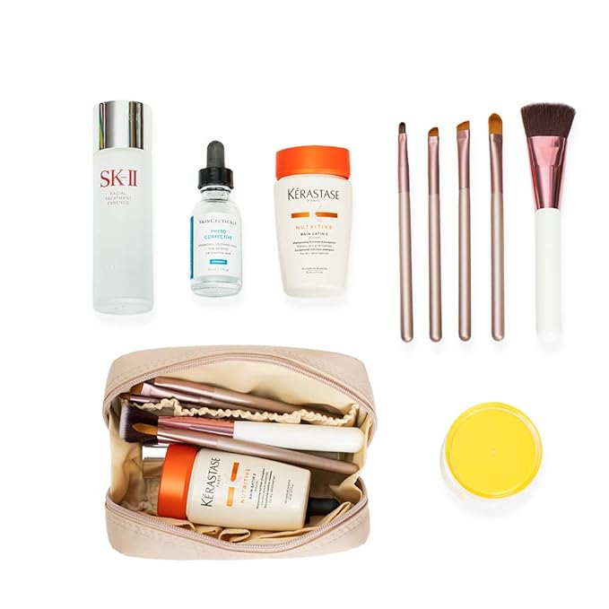 Hekyip Rectangular Beauty Bag, Small Travel Makeup Bag for Purse, Portable Waterproof Cosmetic Pouch for Ladies Women (Rectangular - Beige)