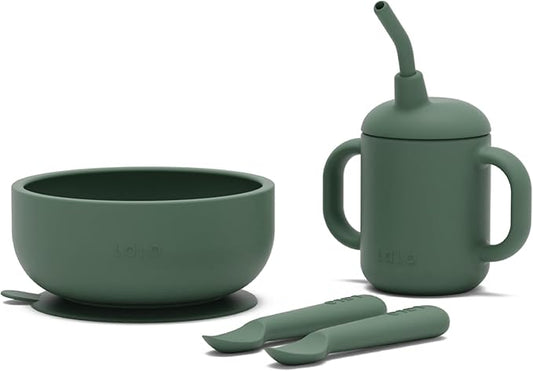 Lalo First Bites Silicone Baby Feeding Set - Baby Led Weaning Supplies - Non-Toxic Silicone - Includes 2 Spoons, Training Cup, & Suction Bowl - 4 Pieces - Olive
