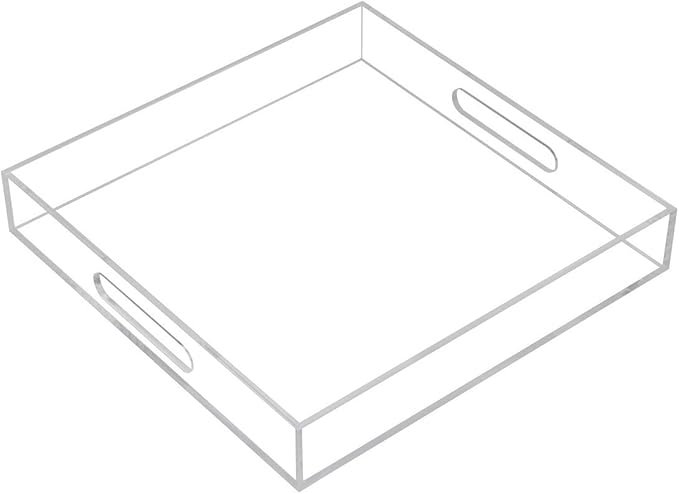 Clear Sturdy Acrylic Serving Tray with Handles - 12x12Inch - Coffee, Appetizer, Breakfast, Butler Tray - Kitchen Countertop & Makeup Drawer Organizer