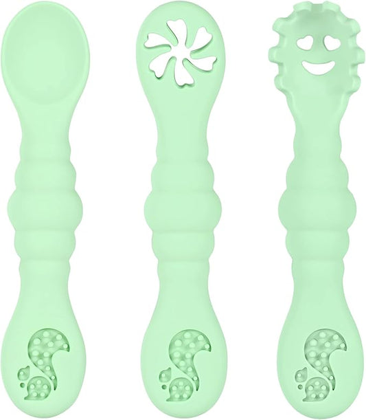 Silicone Baby Spoons Self Feeding 6+ Months 3PCS Toddler Forks and Spoons Utensils Baby Led Weaning Teething Spoon Infant Spoons First Stage Newborn Baby Essentials Baby Gifts(Green)