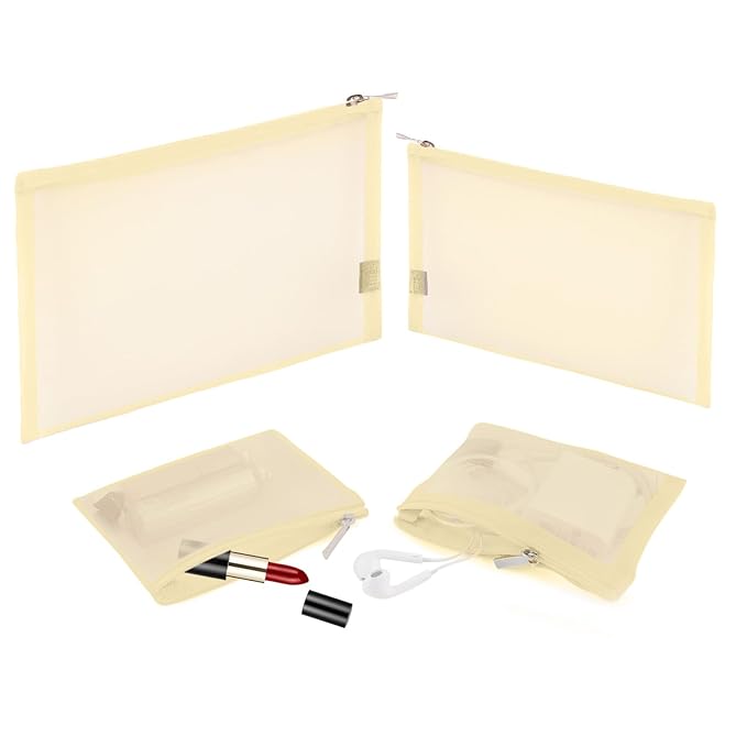 EASYFUN Mesh Pouch, Make up Bag with Zipper Cosmetic Organizer Pouch for Daily or Travel to Keep Small Items, 4 PCS Champagne