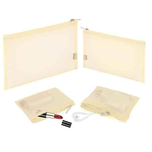 EASYFUN Mesh Pouch, Make up Bag with Zipper Cosmetic Organizer Pouch for Daily or Travel to Keep Small Items, 4 PCS Champagne