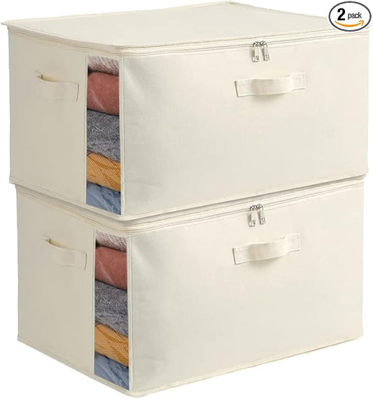 2 Pack Large Canvas Comforter Storage Bags Closet Organizer for Clothes Sweater Clothes Organizer with Dual Zipper Three Carrying Hand