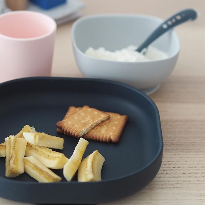 BEABA Silicone 4 Piece Baby Feeding Set, Suction Plates for Baby, Includes Plate, Bowl, Cup, 2nd Stage Silicone Spoon, High Grade Food Safe Silicone, Midnight