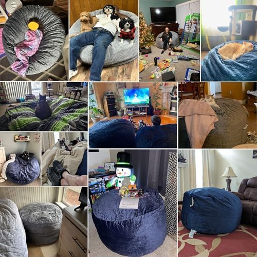 Large Bean Bag Chair: 3 ft Memory Foam Bean Bag Chairs for Adults/Kids,Bean Bag Chair with Fillings,Soft Faux Fur Fabric - Dutch Velvet, Grey, 3 Foot