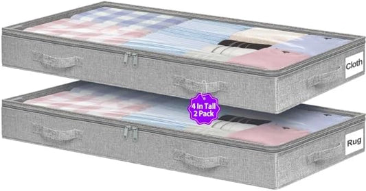Under Bed Storage, Below 4 Inches High Underbed Storage Containers Low Profile, NO STRUCTURE, Foldable Shallow Storage Bags Bins Organizer Clothes with Clear Lid & Zipper, 2-Pack, 20x40x3.7in