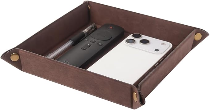 WAYIFON Valet Tray Desktop Storage Organizer – Premium PU Leather Catchall Bedside Vanity Tray Nightstand Caddy Holder for Remote Controller, Keys, Phone, Wallet, Coin, Jewelry,Brown