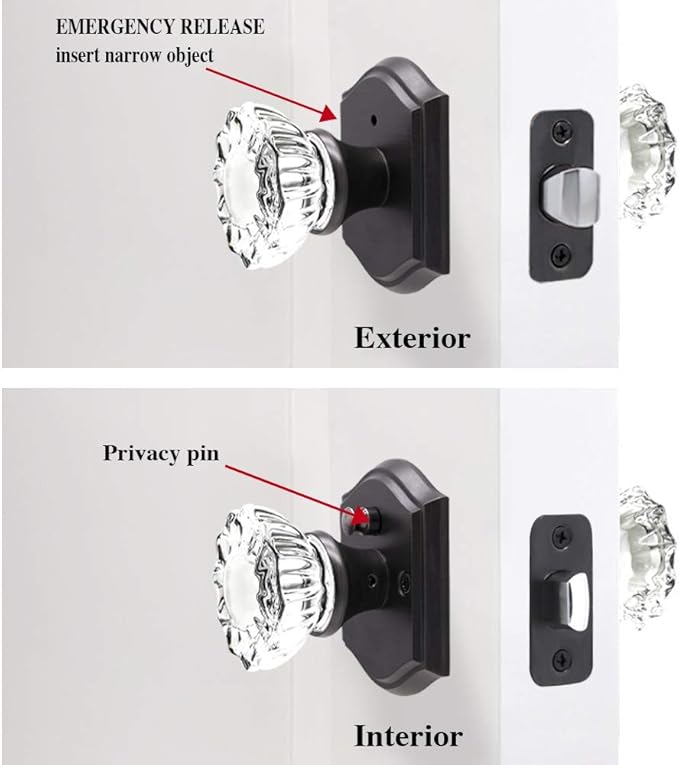 Crystal Glass Door Knobs Interior with Lock, Vintage Privacy Door Knob for Bedroom Bathroom, Oil Rubbed Bronze