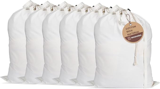 LFH Home Cotton Canvas Large Laundry Bag with Handle, Heavy Duty Drawstring Closure Washable Laundry Bags, School Travel, Home, Hotel, College Dorm, Organizer Sack, Toy Clothes 24x36 (Pack of 6)-White