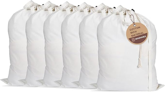 LFH Home Cotton Canvas Large Laundry Bag with Handle, Heavy Duty Drawstring Closure Washable Laundry Bags, School Travel, Home, Hotel, College Dorm, Organizer Sack, Toy Clothes 20x30 (Pack of 6)-White