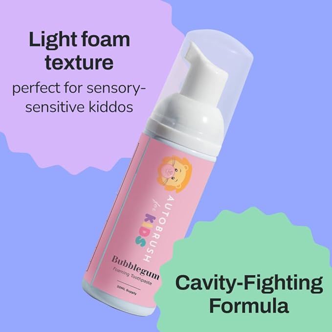 autobrush Kids Fluoride Foaming Toothpaste Bubblegum Flavor for Electric or U-Shaped Toothbrush, SLS-Free, Training Toothpaste, Anti-Cavity, Travel Friendly (3 Pack)