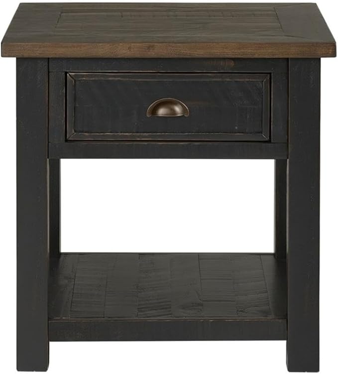 Monterey Farmhouse Rustic End Table, Solid Pine Wood Coastal Side Table with Drawer and Shelf. Black and Brown.