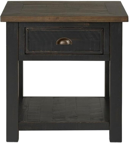 Monterey Farmhouse Rustic End Table, Solid Pine Wood Coastal Side Table with Drawer and Shelf. Black and Brown.