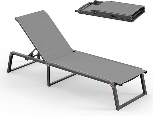 Aluminum Chaise Lounge Chair Outdoor, Foldable & Assembly Free Patio Pool Lounge Chairs 5-Position Recliner for Outside Poolside, Fully Grounded Legs Sun Lounger for Beach, Yard, Dark Grey