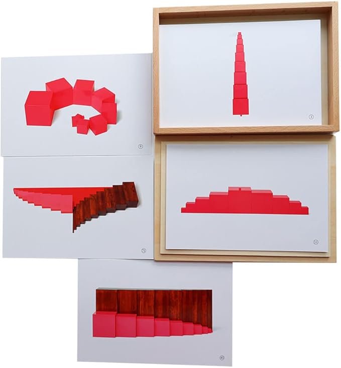 Kghios Montessori Pink Tower、 Brown Stair and Long Red Rods Sensorial Cards with Wood Box,Montessori Toys Materials for Toddlers Visual Sense, Early Educational Tools Preschool Learning Toys