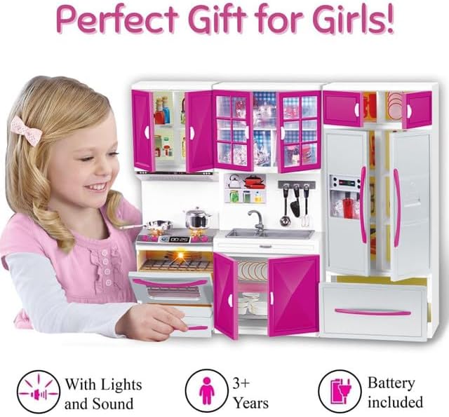 Liberty Imports Doll Kitchen Playset for Kids, My Modern Mini Kitchen House Furniture Pretend Play Toy Accessories Set with Realistic Lights & Sounds for Toddlers, Girls (3-in-1)
