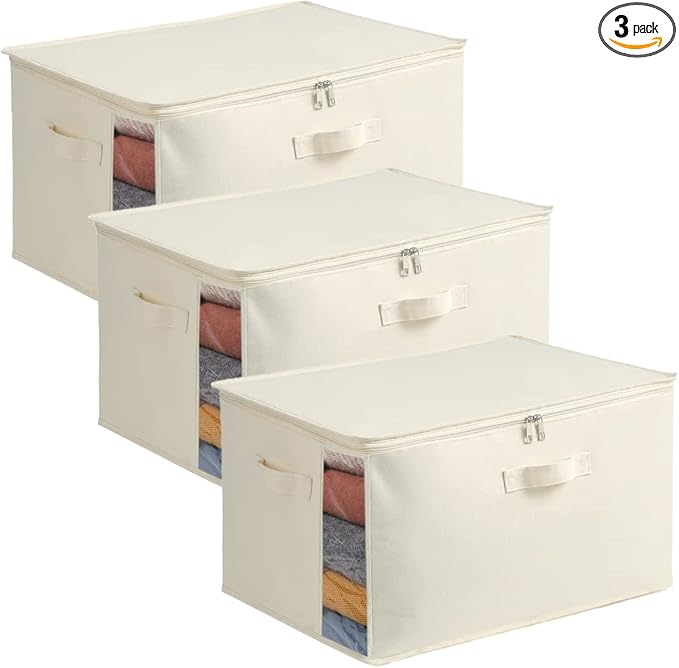 3-Pack Large Canvas Comforter Storage Bags for Clothes Sweater Clothes Organizer with Dual Zipper Three Carrying Handles for Blanket Closet Storage Container