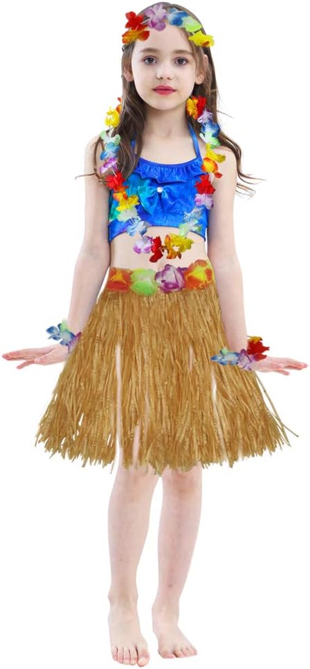 40cm Performance grass skirt with flowers bracelets headband necklace Hula set Gold