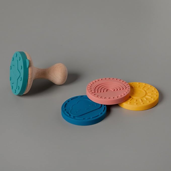 Happy Skies Rubber Stamp with Wood Handle, 4 Interchangeable Silicon Stamps of a Sun, Cloud, Star, and Rainbow, Fun Kids Craft Supplies and Art Supplies, Arts and Crafts for Kids 4-6 and Families