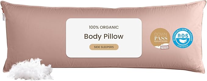 Goose Down Body Pillows for Adults, Large Body Pillow for Side Sleeper, Hugging Feather Body Pillow Insert, Cooling Full Length Long Pillow for Bed with 100% Organic Cotton Shell, (Pink 20"x60")