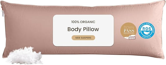 Goose Down Body Pillows for Adults, Large Body Pillow for Side Sleeper, Hugging Feather Body Pillow Insert, Cooling Full Length Long Pillow for Bed with 100% Organic Cotton Shell, (Pink 20"x60")