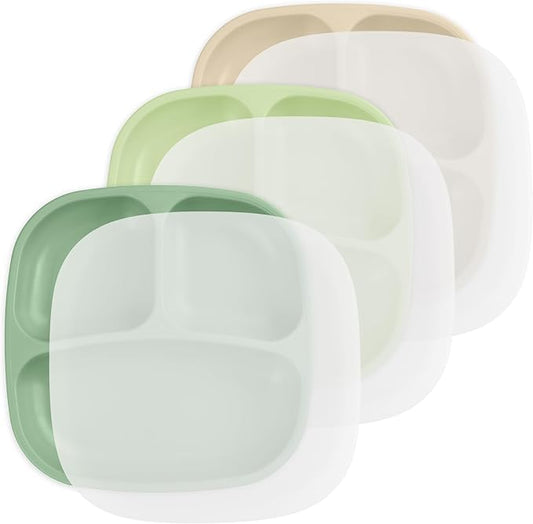 Re-Play Made in USA 7" Deep Walled Divided Plates for Kids, Set of 3 With 3 Lids - Reusable 3 Compartment Plates, Dishwasher and Microwave Safe - 7.37" x 7.37" x 1.25", Cactus