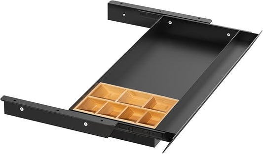 Large Under Desk Mounted Sliding Drawer with Bamboo Tray and 60 Degree Tilt Panel to Pull Out, 26'' Long & 13'' deep Large Storage Organizer for Sit Stand Workstation
