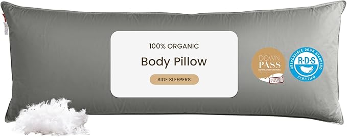 Goose Down Body Pillows for Adults, Large Body Pillow for Side Sleeper, Hugging Feather Body Pillow Insert, Cooling Full Length Long Pillow for Bed with 100% Organic Cotton Shell, 20"x60" Dark Grey