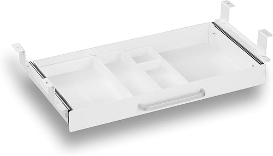 OSteed Under Desk Drawer White 21" with 4 Divider Trays, Under Shelf Pencil Drawer Pull-out, Standing Desk Metal Storage Attachment Slide Out for Workbench