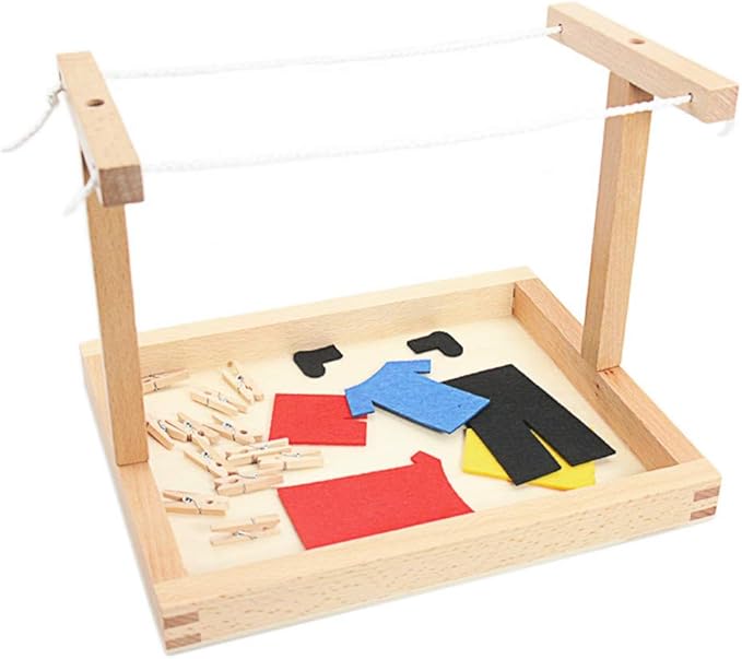 Montessori Wooden DIY Mini Simulation Clothes Drying Frame Clothes Suit Toys for Baby Children Basic Life Practice Training Toys
