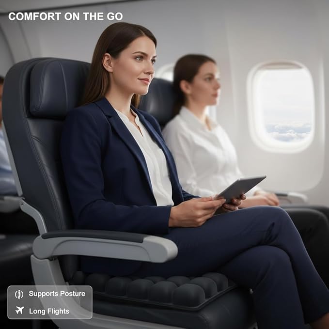 Upgraded Inflatable Travel Seat Cushion for Airplane and Car, Portable Air Cushion for Long Flights, Office Chair and Wheelchair, Pressure Relief Seat Pad for Sitting Comfort
