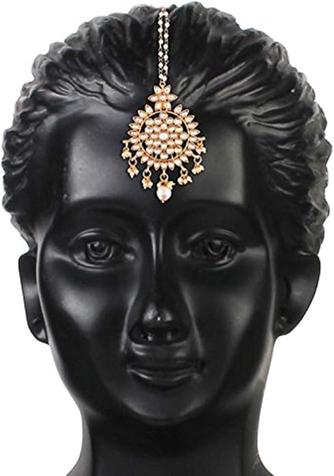 Aheli Ethnic Faux Kundan Drop Pearl Beads Dangle Earrings Maang Tikka Set Bollyood Fashion Jewelry for Women & Girls