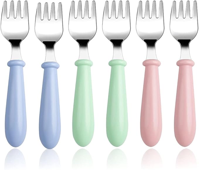 Pimoys 6 Pieces Toddler Forks Baby Forks for Self Feeding, Kids Forks with Round Handle, Stainless Steel Toddler Utensils Children's Safe Silverware Set BPA Free, Dishwasher Safe