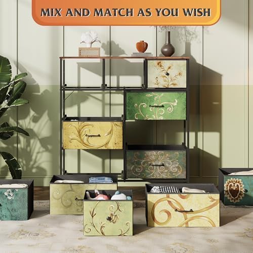 WLIVE 9-Drawer Dresser, Fabric Storage Tower for Bedroom, Hallway, Entryway, Closet, Tall Chest Organizer Unit with Fabric Bins, Steel Frame, Wood Top, Easy Pull Handle, Floral Painted