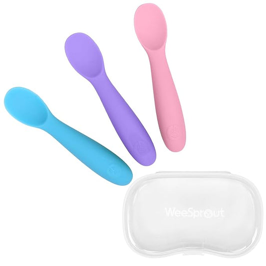 WeeSprout Baby Spoons for Self Feeding 6 Months +, Soft & Durable Silicone Utensils for Sensitive Gums & Teeth, Easy Grip Handles & Shorter Length for Little Hands, 3 Pack + Carrying Case